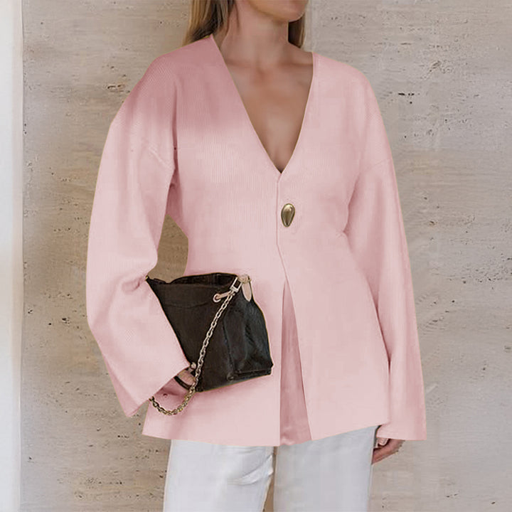 Women's fitted fine knit cardigan with V-neck, decorative button, and front slit Mune Fashion