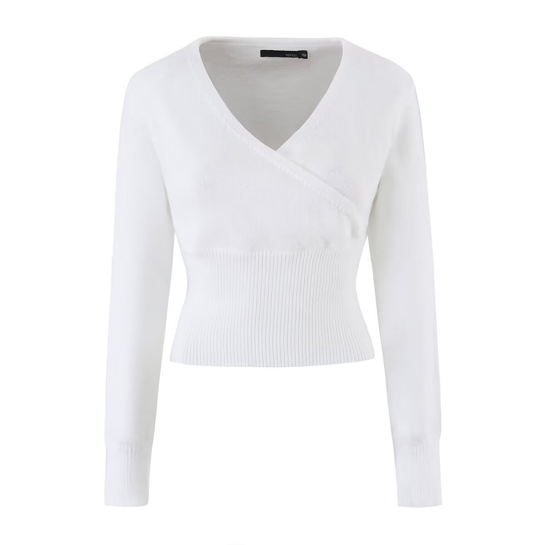 Women Fine Wrap Knitted Top with Fitted Ribbed Hem Mune Fashion
