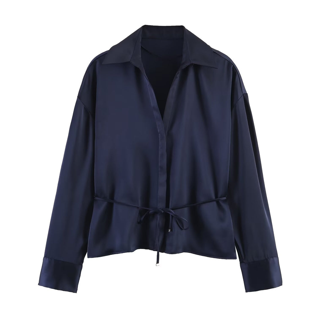 Women's satin blouse with drawstring waist, wide shirt collar, and wide cuffs Mune Fashion
