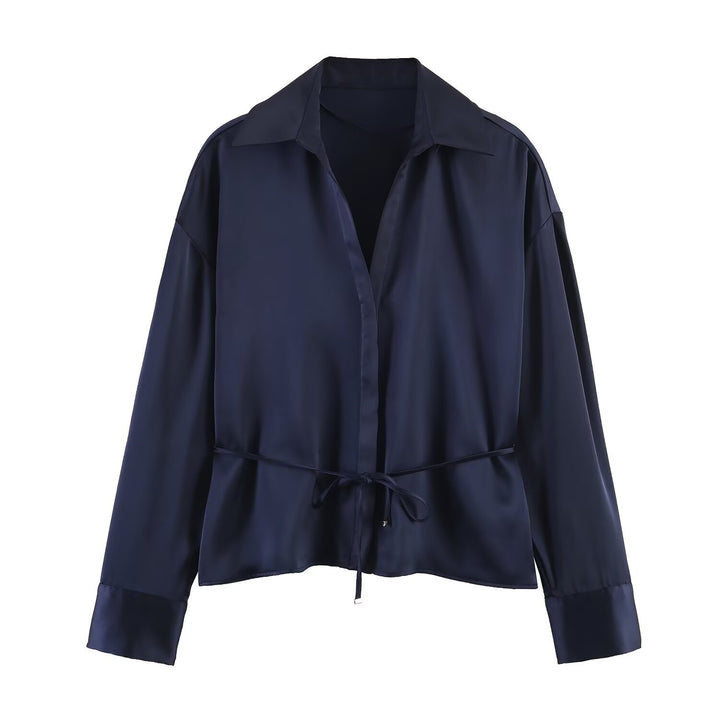 Women's satin blouse with drawstring waist, wide shirt collar, and wide cuffs Mune Fashion