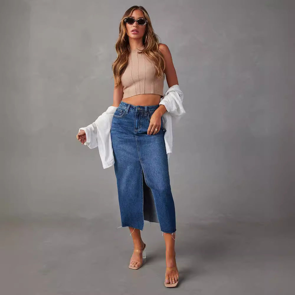 Women's high-waisted midi denim skirt with center front slit and raw hem Mune Fashion