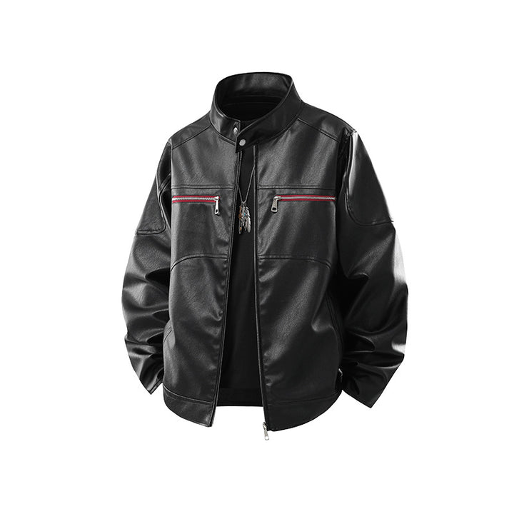 Herren Kunstleder-Bomberjacke mit Stehkragen, Zwei-Wege-Reißverschluss und Brustreißverschlusstaschen Mune Fashion