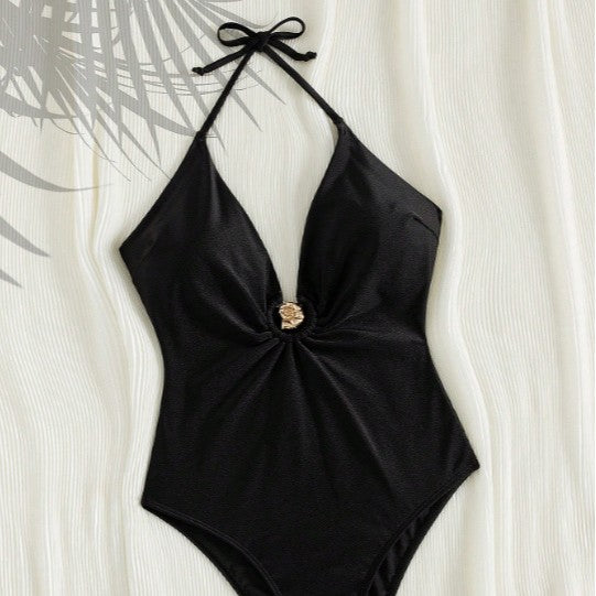 Women Elegant One-Piece Swimsuit with Deep V-Neck and Glossy Decoration Mune Fashion