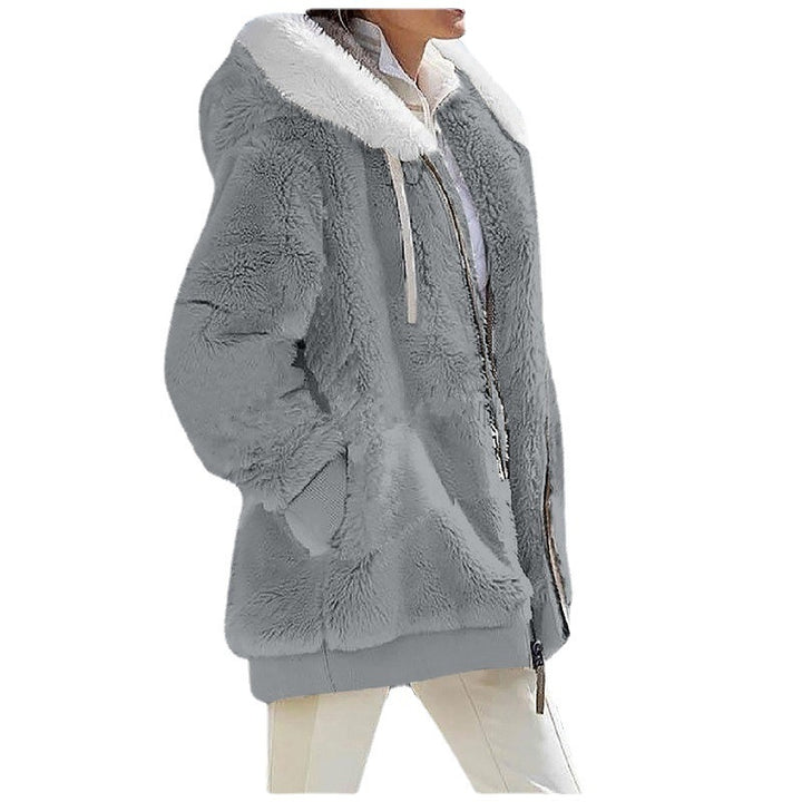 Ladies Cozy Teddy Hoodie Jacket with Contrast Trim, Zipper and Insert Pockets Mune Fashion