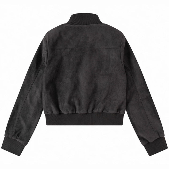 Women's Short-Cut Bomber Jacket Made of Velour Imitation with Chest Pockets and Zipper Pockets Mune Fashion