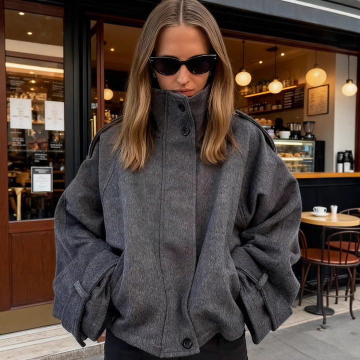 Women Short Wool Blend Jacket with Stand-Up Collar, Shoulder Flaps and Adjustable Cuffs Mune Fashion