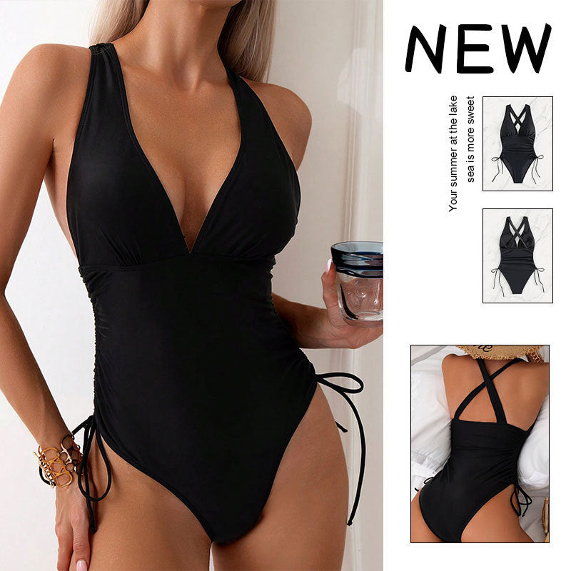 Women's One-Piece Swimsuit with Deep V-Neck and Adjustable Side Ties Mune Fashion