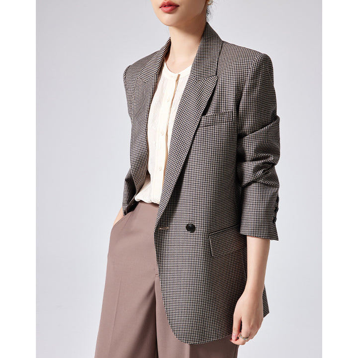 Women's Oversized Houndstooth Blazer with Lapel Collar and Casual Silhouette Mune Fashion
