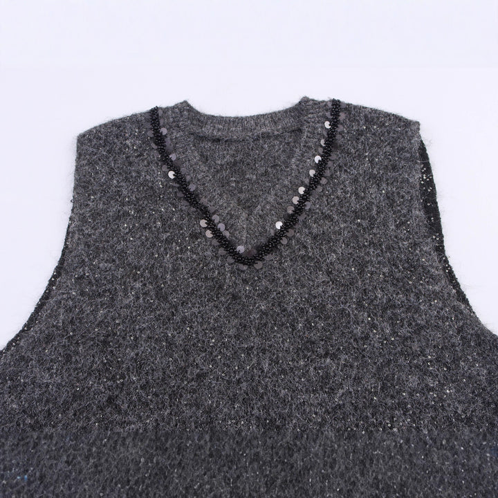 Women's Sleeveless Mohair-Look Knitted Vest with V-Neck and Decorative Sequins Mune Fashion