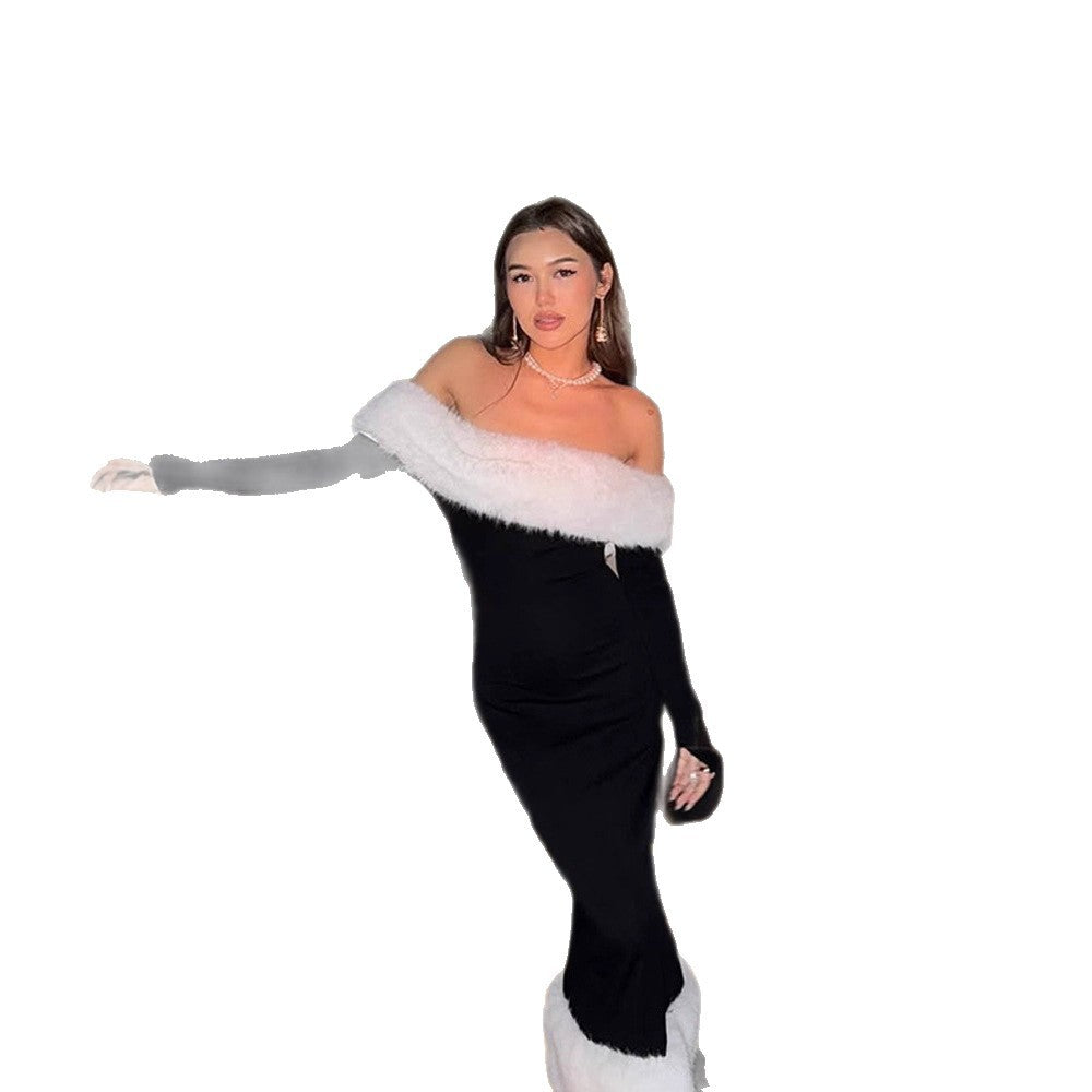 Women's fitted off-shoulder midi dress with faux fur trim at neckline and hem Mune Fashion