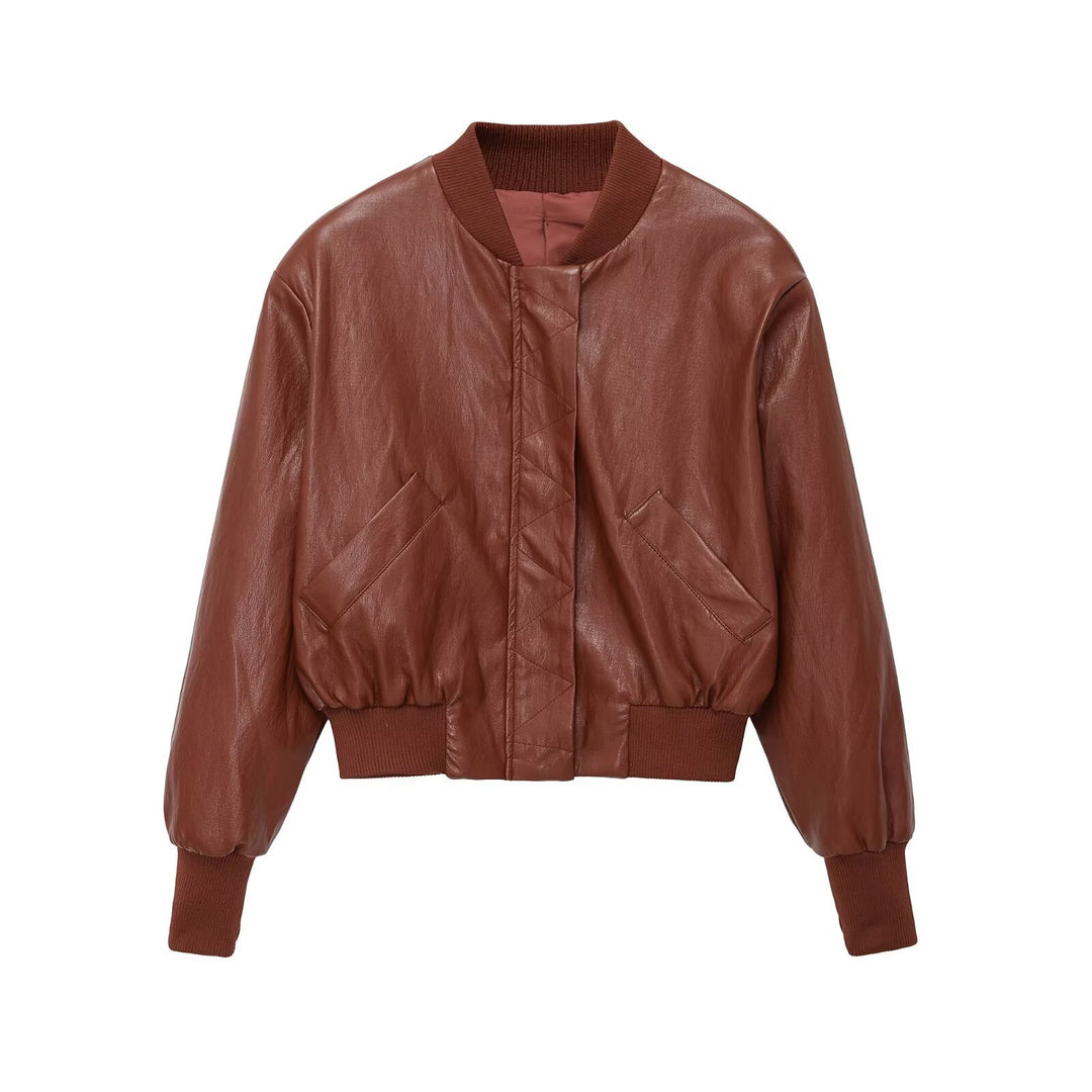 Women's Oversized Faux Leather Bomber Jacket with Ribbed Cuffs and Patch Pockets Mune Fashion