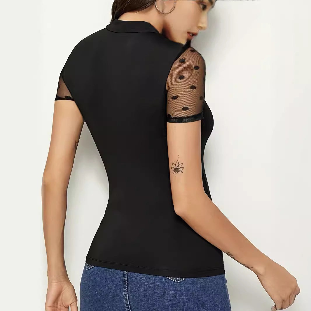 Women's figure-hugging tulle body with dot tulle, stand-up collar and V insert Mune Fashion