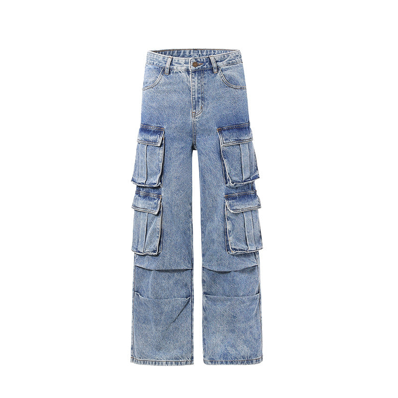 Men's Ultra Wide Denim Cargo Jeans in Baggy Cut with Multiple Flap Pockets Mune Fashion