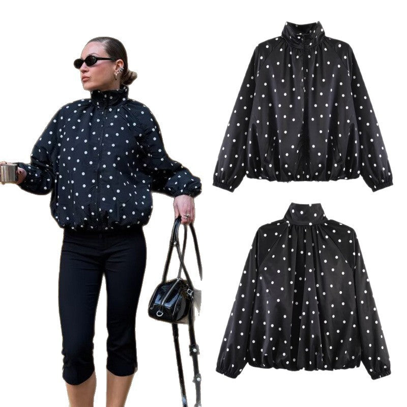 Women's Dotted Lightweight Bomber Jacket with Stand Collar, Zipper and Elastic Hem Mune Fashion