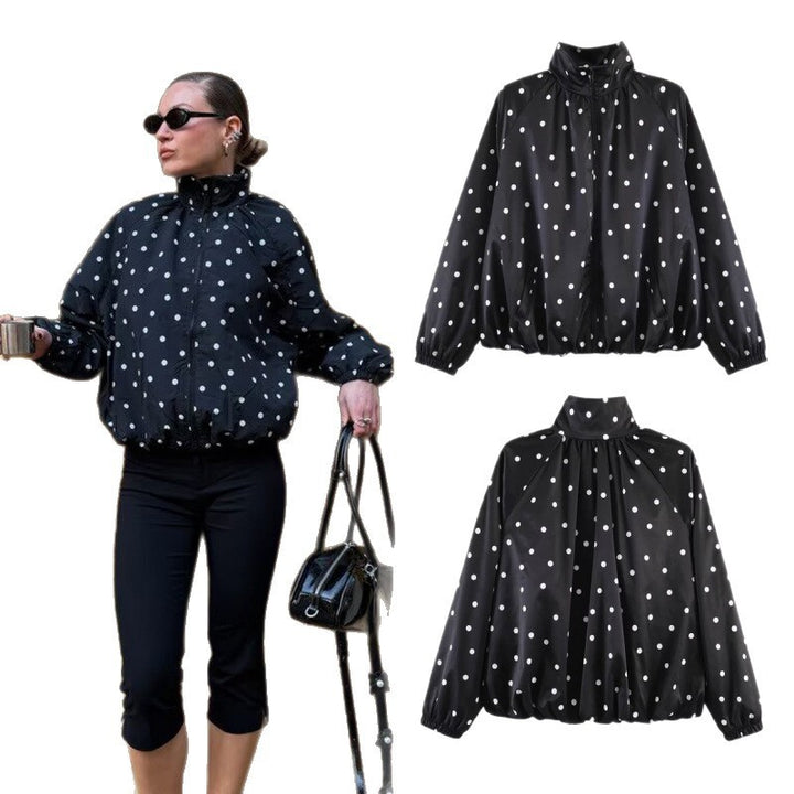 Women's Dotted Lightweight Bomber Jacket with Stand Collar, Zipper and Elastic Hem Mune Fashion
