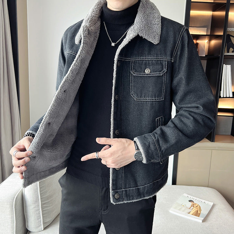 Men's Casual Denim Jacket with Teddy Fur Collar Mune Fashion