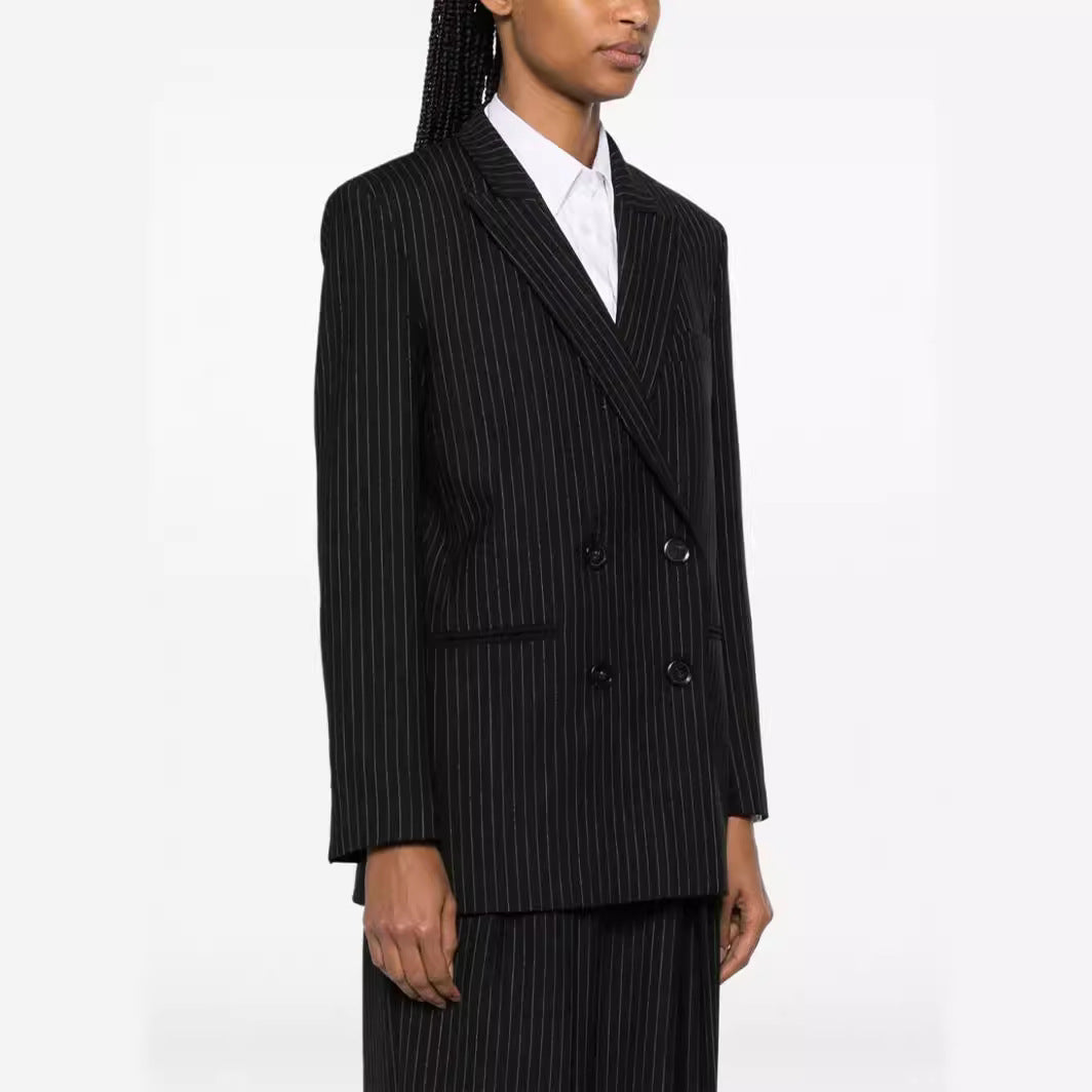 Women's Two-Piece Pinstripe Suit with Oversized Double-Breasted Design and Wide Pleated Trousers Mune Fashion