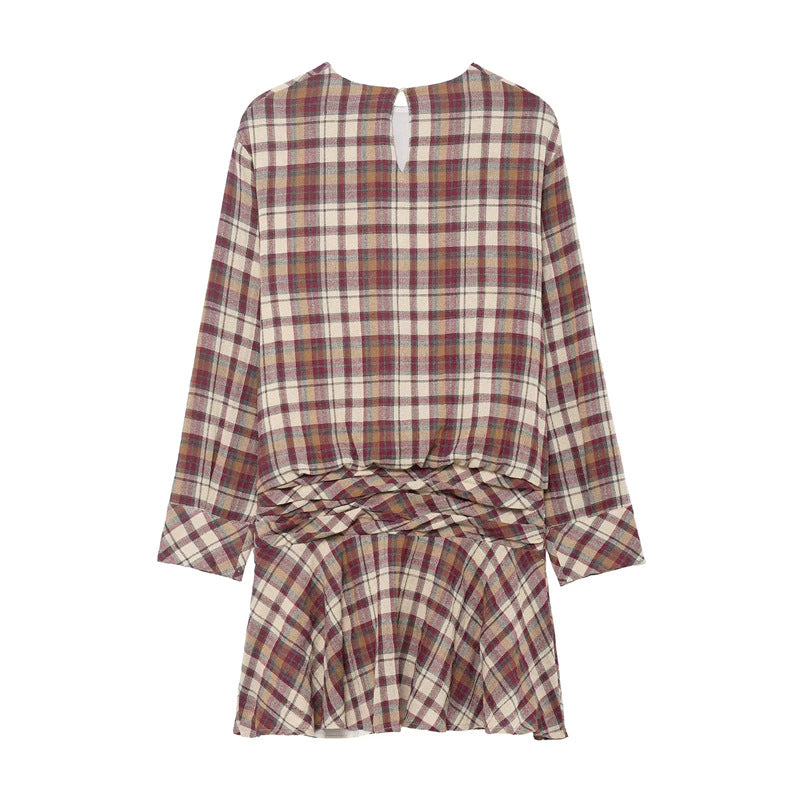 Ladies' checked mini dress with twisted waist band and flared skirt Mune Fashion