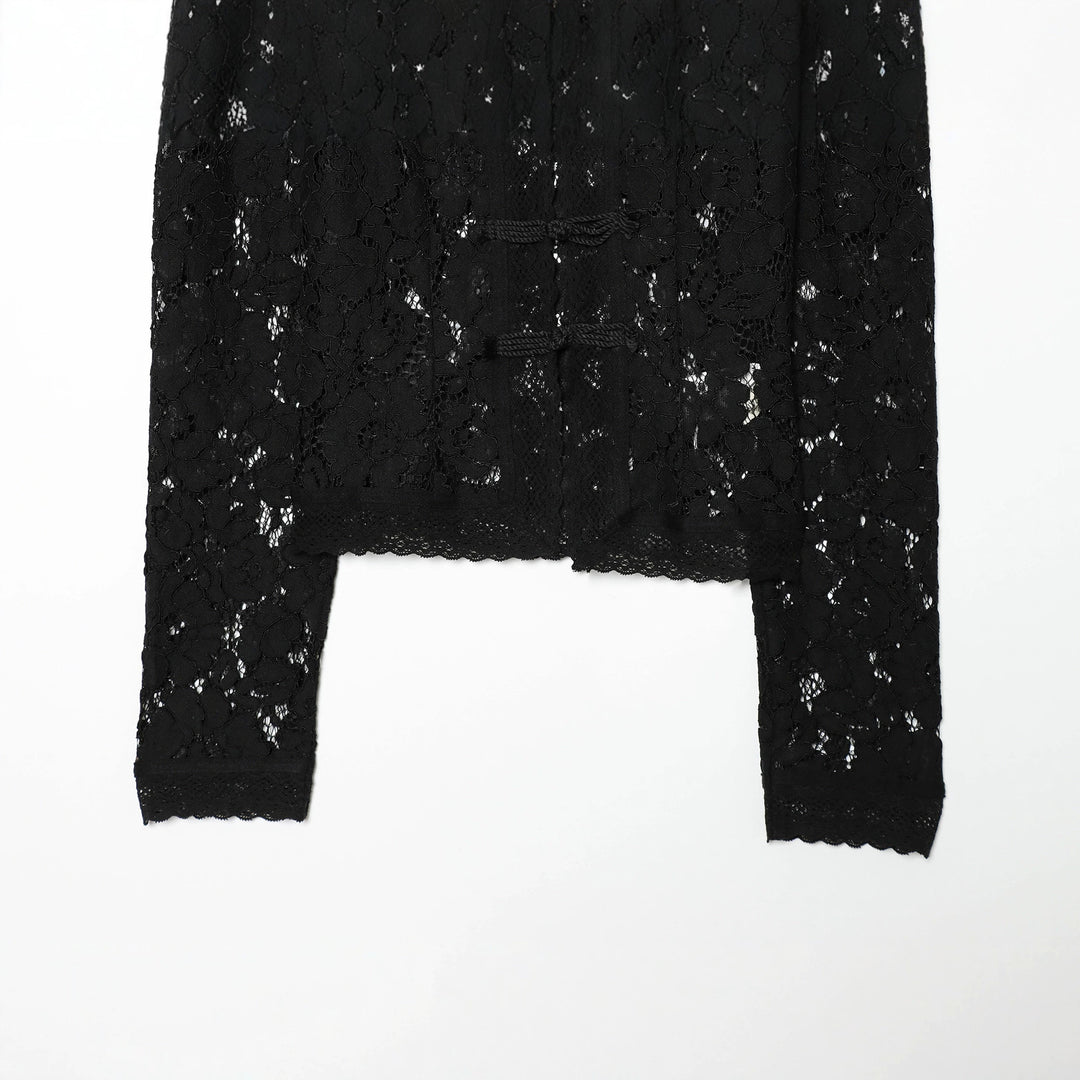 Women's transparent lace jacket in Chinese style with stand-up collar and knot closures Mune Fashion