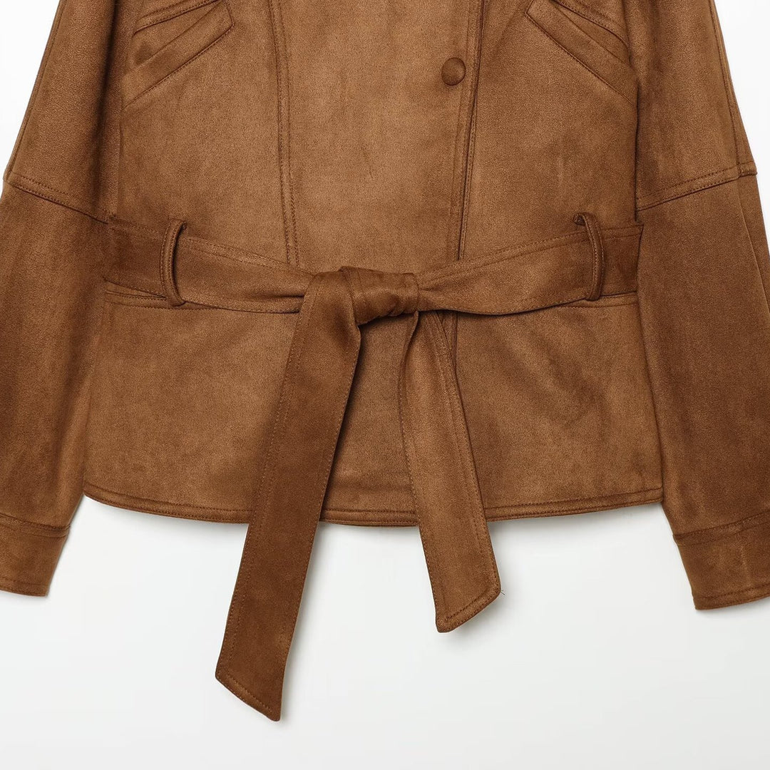 Women's tailored short jacket made of soft suede imitation with asymmetrical button placket and tie belt Mune Fashion