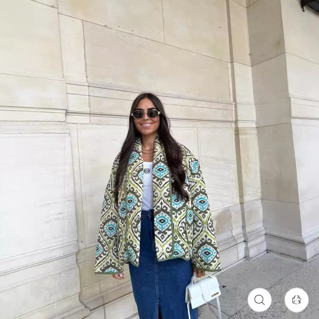 Women's Quilted Kimono Jacket with Graphic Allover Pattern, Shawl Collar and Patch Pockets Mune Fashion