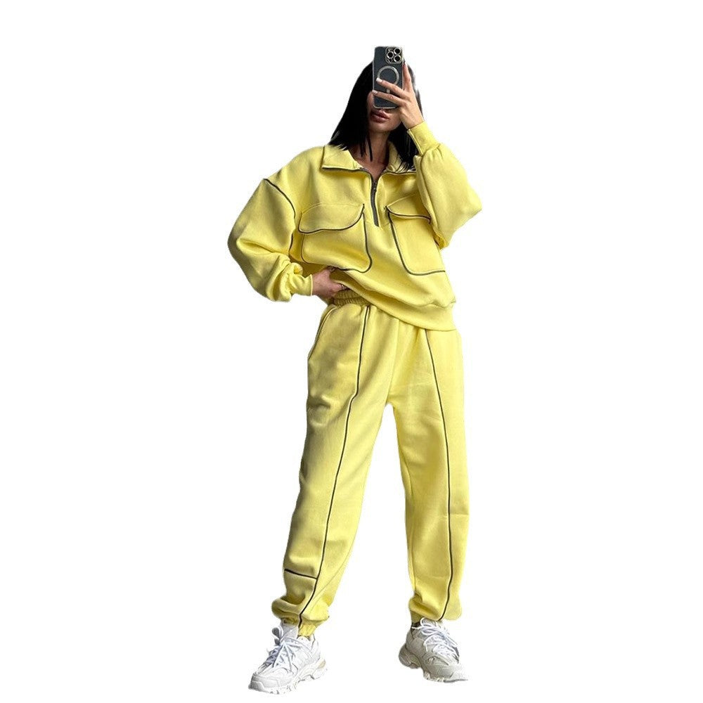 Women's Oversize Half-zip Sweatshirt with Patch Pockets and Contrast Piping Mune Fashion