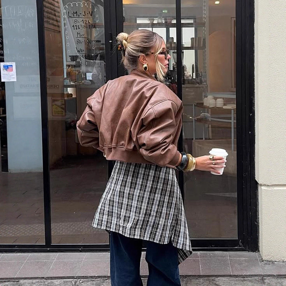 Women's Short Cut Faux Leather Bomber with Ribbed Collar, Zipper & Zip Chest Pocket Mune Fashion