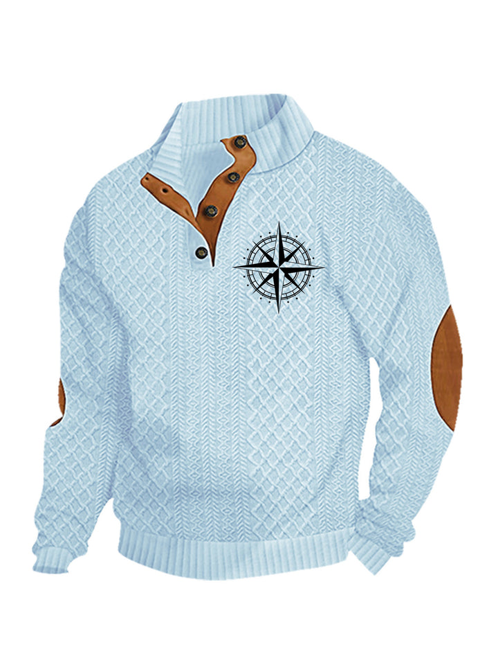 Men's nan Heritage textured pullover with stand-up collar faux leather trim elbow patches and half-button placket Mune Fashion