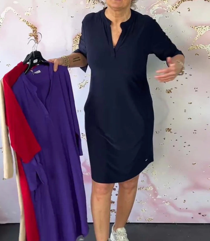 Women's knee-length casual jersey dress with stand-up collar and V-neck Mune Fashion