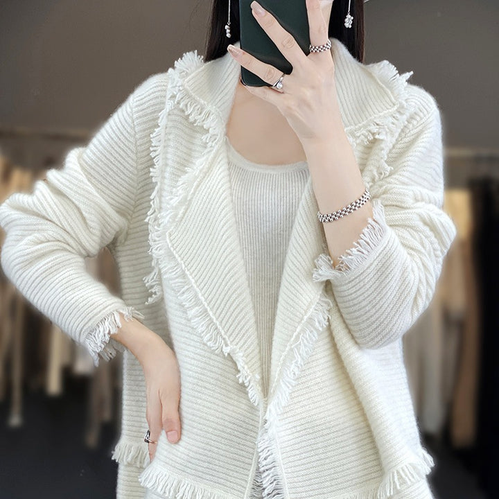 Women’s Long Fringe Knit Cardigan with Large Shawl Collar and Fine Rib Structure Mune Fashion