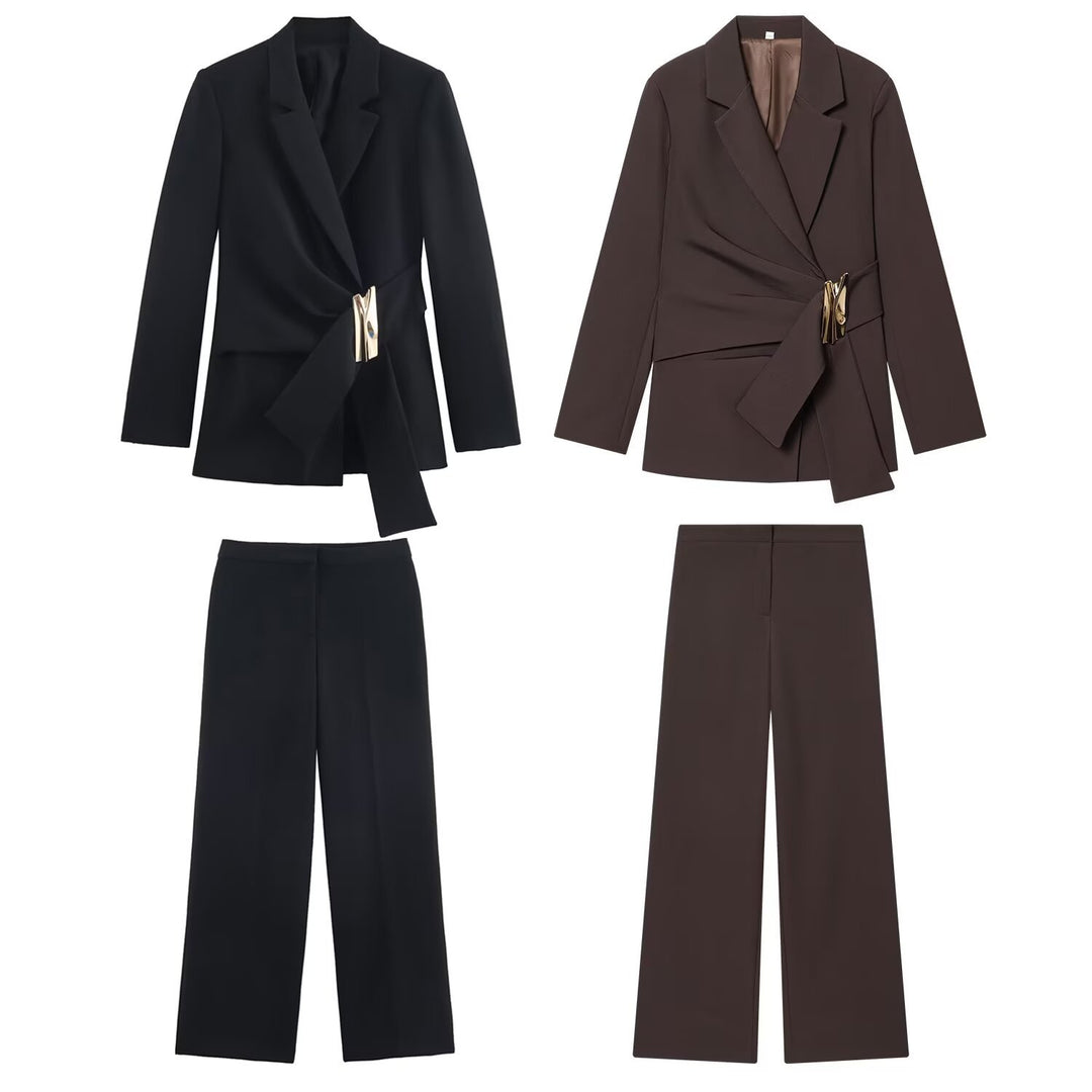 Women's Two-Piece Wrap Blazer and Palazzo Suit Set with Decorative Belt Mune Fashion