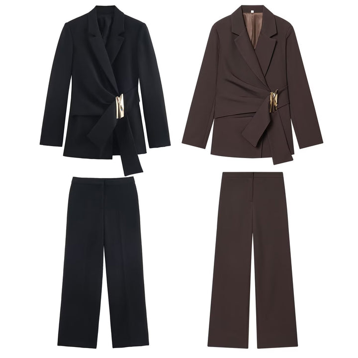 Women's Two-Piece Wrap Blazer and Palazzo Suit Set with Decorative Belt Mune Fashion
