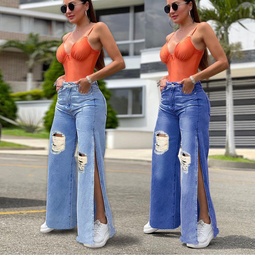 Ladies High-Waisted Wide-Leg Jeans with Knee Rips and Side Slits Mune Fashion