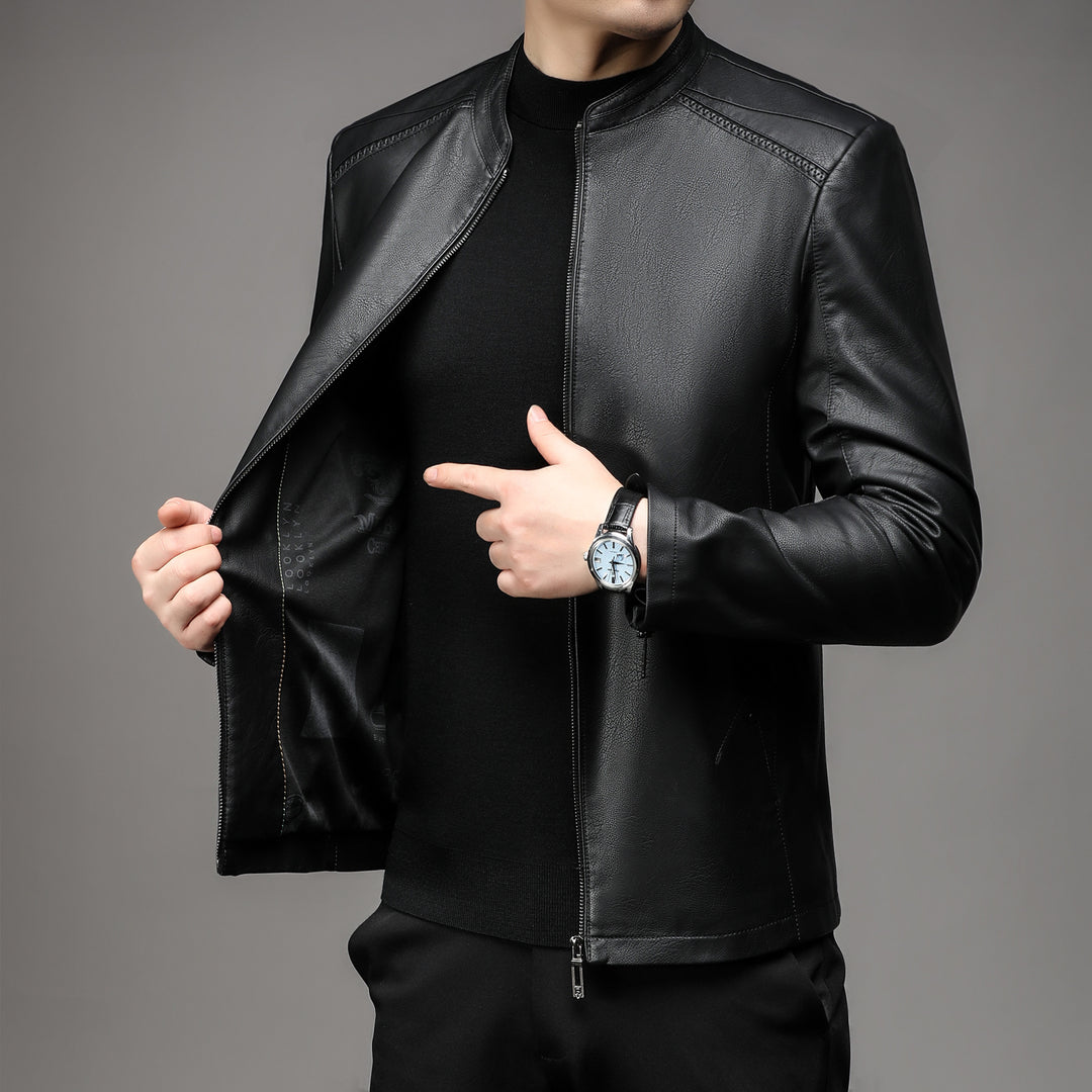 Men's Slim Leather Jacket in Rider Look with Stand Collar and Two-Way Zipper Mune Fashion