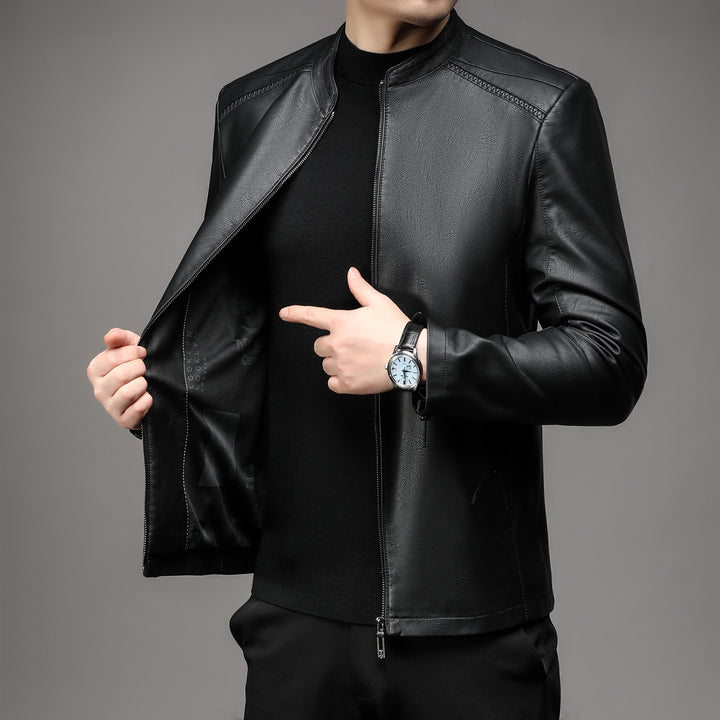 Men's Slim Leather Jacket in Rider Look with Stand Collar and Two-Way Zipper Mune Fashion