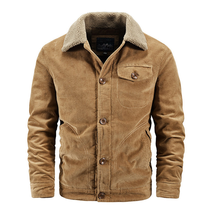 Men's cord trucker jacket with warming Sherpa collar and wooden button front Mune Fashion