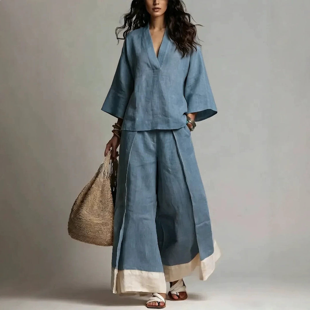 Women's linen two-piece set with wide palazzo pants V-neck and contrasting hem Mune Fashion