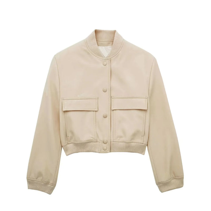 Women's Boxy Cropped Jacket in Worker Look with Flap Pockets and Ribbed Collar Mune Fashion