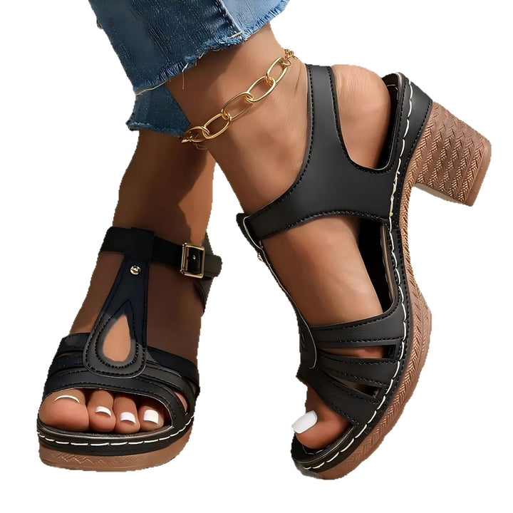 Women Vintage-inspired Leather Strap Sandal with Ergonomic Footbed and Mid-High Block Heel Mune Fashion