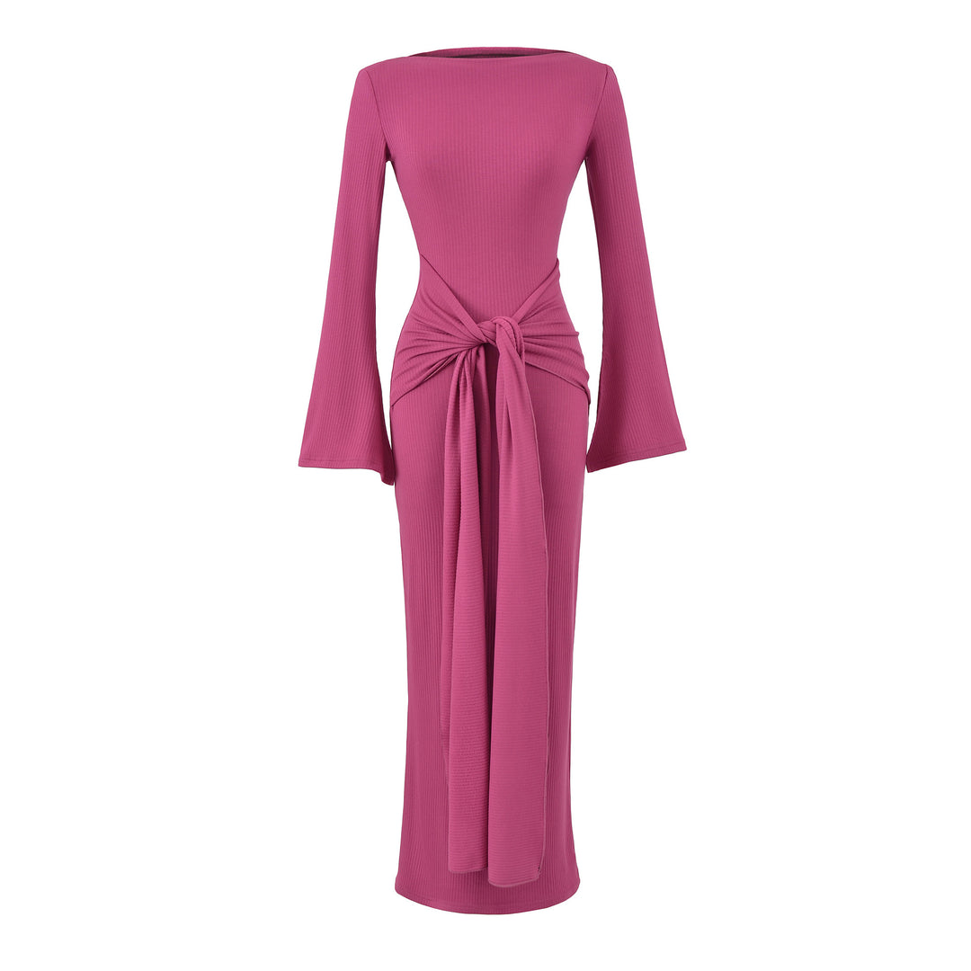 Ladies maxi dress made of ribbed knit with trumpet sleeves and waist knot detail Mune Fashion