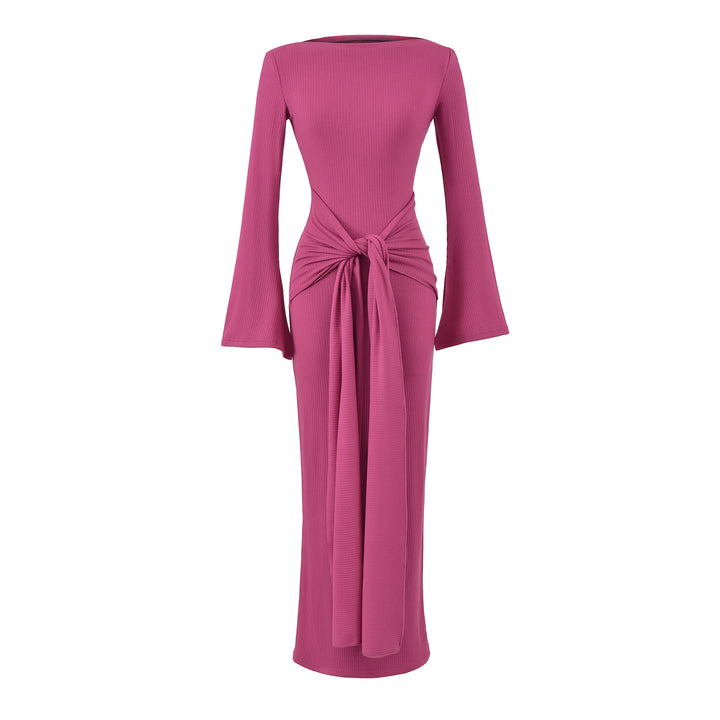 Ladies maxi dress made of ribbed knit with trumpet sleeves and waist knot detail Mune Fashion