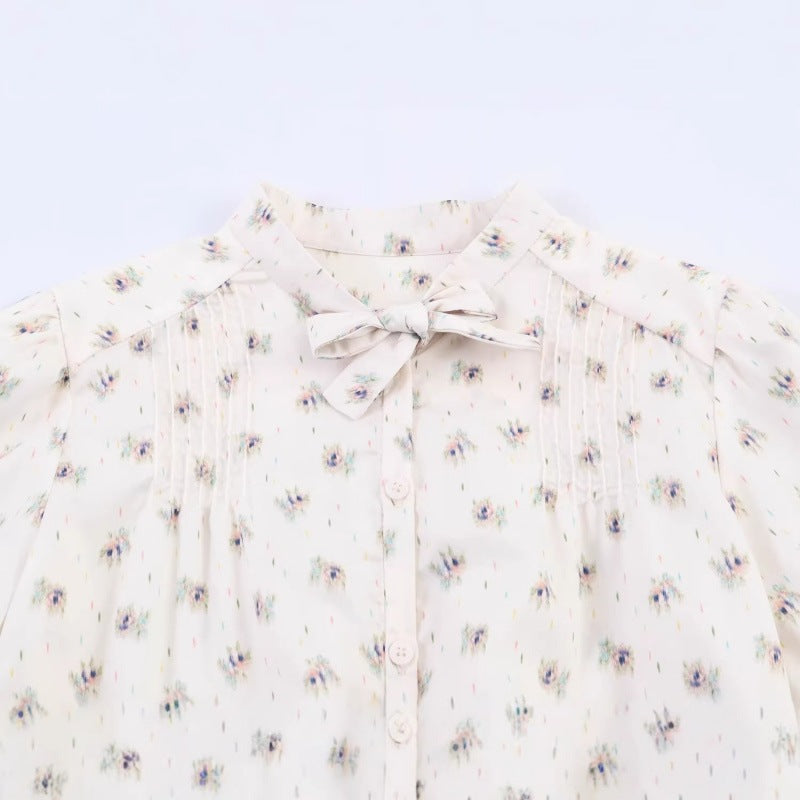 Women's Lightweight Viscose Blouse with Stand Collar, Ribbon Tie and Chest Pleats Mune Fashion