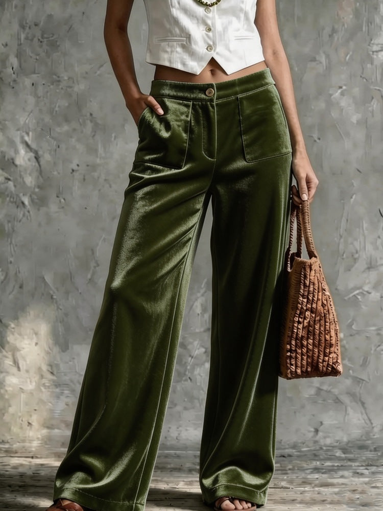 Women Wide Velvet Palazzo Pants with High Waist and Patch Pockets Mune Fashion
