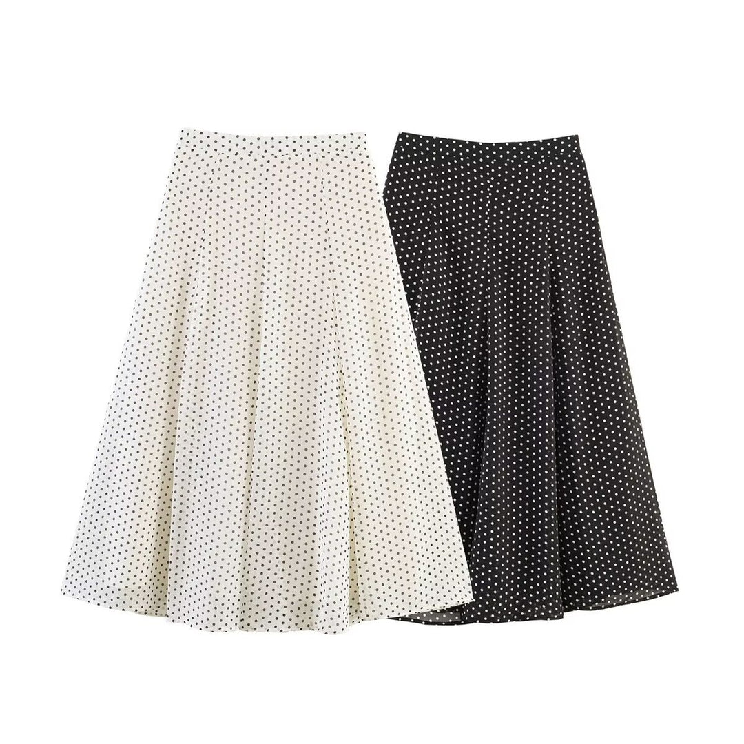 Ladies Flowing Midi Skirt in Vintage Polka Dot Design with Flared Plate Cut Mune Fashion