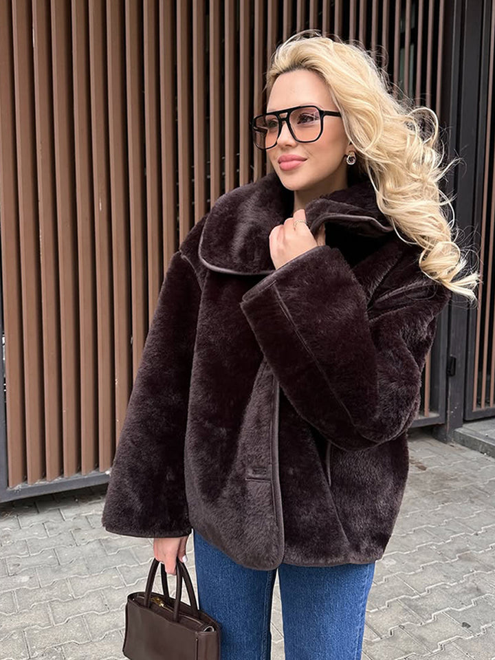Women's Boxy Faux Fur Jacket with Voluminous Shawl Collar and Boxy Silhouette Mune Fashion
