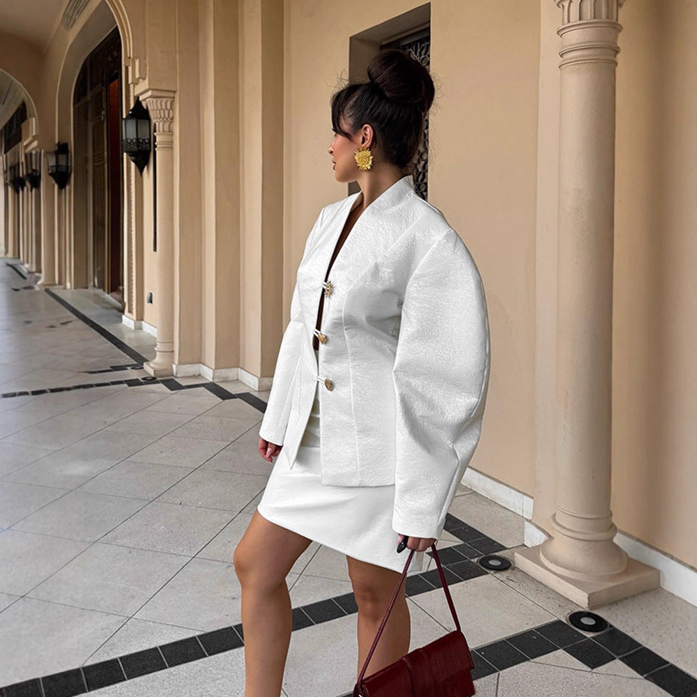 Women's Tailored Blazer Suit with Sculptural Balloon Sleeves and Mini Skirt Mune Fashion