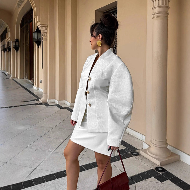 Women's Tailored Blazer Suit with Sculptural Balloon Sleeves and Mini Skirt Mune Fashion