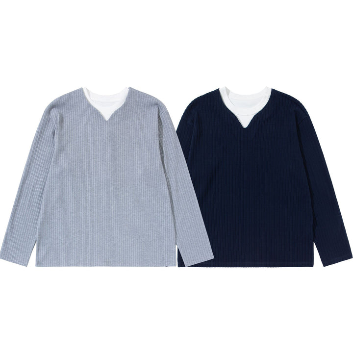 Unisex Ribbed Long Sleeve Pullover with V-Notch and Inserted Round Neck Underlayer Mune Fashion