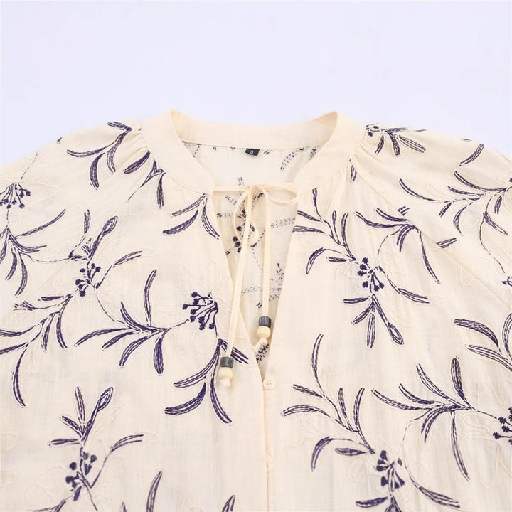 Women's Lightweight Embroidered Blouse Top with Balloon Sleeves and Tie Slit Mune Fashion
