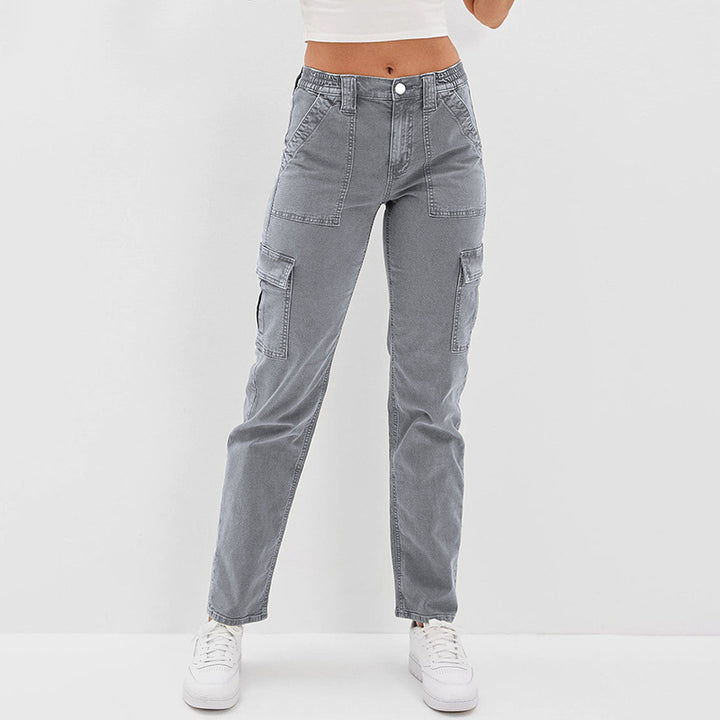 Women's High-Waisted Denim Cargo Pants with Straight Leg and Multiple Pockets Mune Fashion